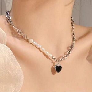 Heart Charm Necklace Faux Pearl Silver Plated